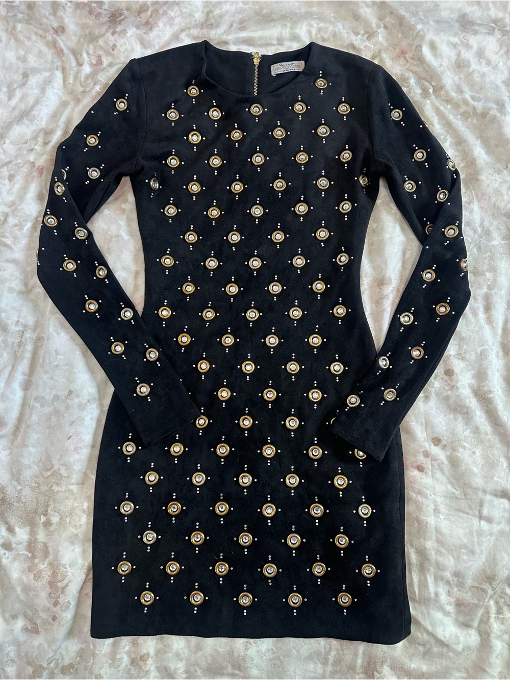 Oh Polly Black Long Sleeve Embellished Mini Dress with Gold Accents